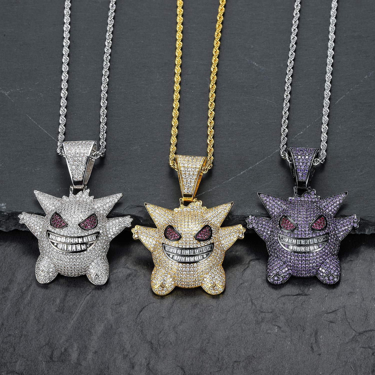 MTCFLTOO Hip Hop Gengar Pendant Jewelry Unisex Iced Out Necklace with Rope Chain+Mala Beads Bracelet Gift for Men Women-(Blue)