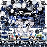 Miidenks 32nd Birthday Decorations Set for Men, Navy Blue Silver Black Party Decorations with Birthday Backdrop Banner, Tablecloth, 32 Number Balloons