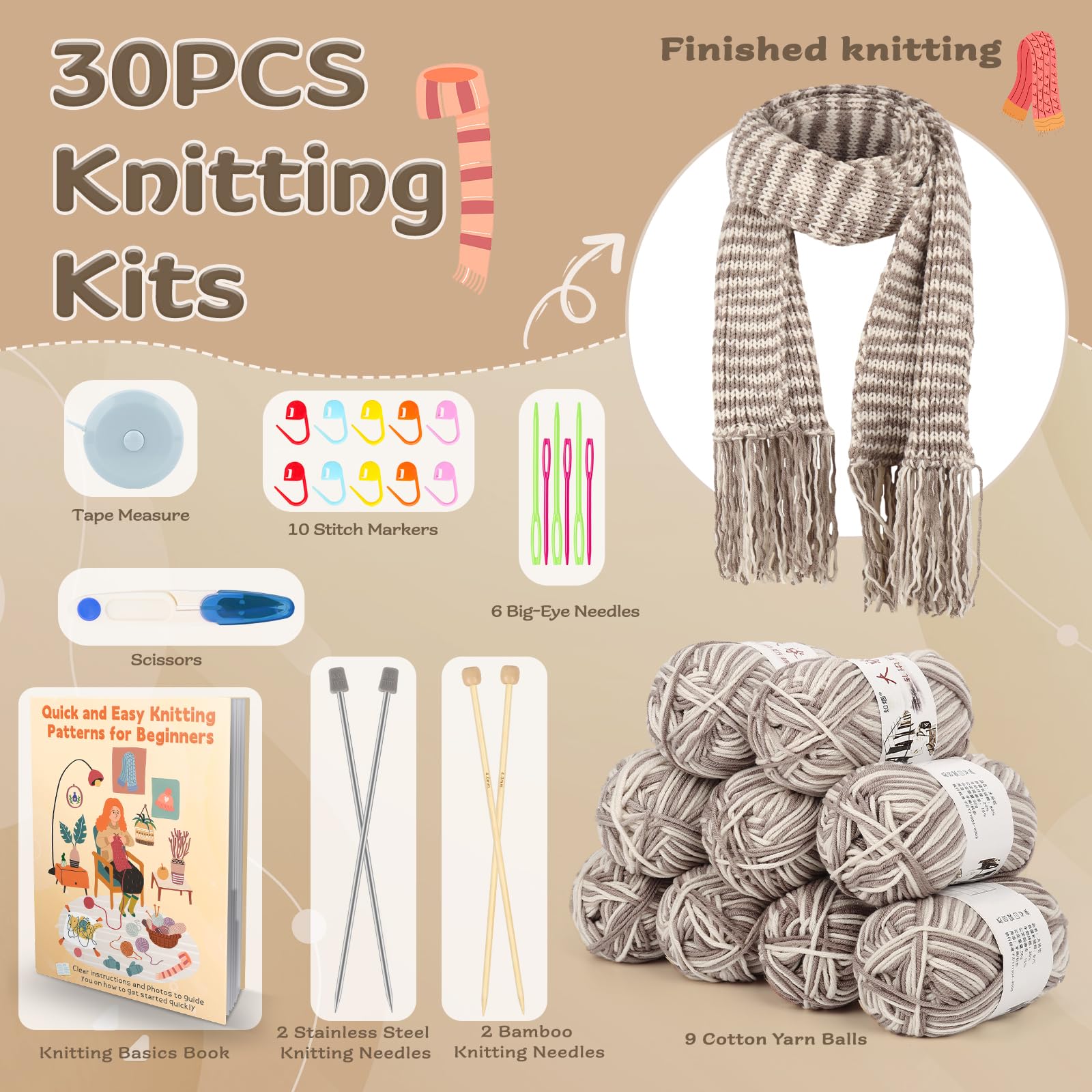 Coopay Knitting Kit for Beginners, Complete Knitting Kits Learn to Knit Scarf, Knitting Starter Kit for Adults w/Yarn, Knitting Set w/Step-by-Step Instruction Tutorial, Learn & Create Your Own Scarf