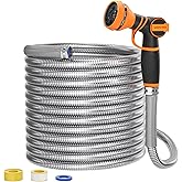 Giraffe Tools Garden Hose 100ft x 3/4", 304 Stainless Steel Metal Water Hose, No Kink Garden Water Hose with 9 Pattern Spray Nozzle, Flexible, Lightweight, Kink Free Hose for Yard, Outdoor