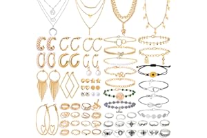 Thrilez 63 Pack of Jewelry Set for Women, Including 15 Pairs Fashion Earrings, 4 Pack Cute Necklaces, 13pc Aesthetic Bracelets/Anklets and 31pc Dainty Rings, Trending Gift for Ladies