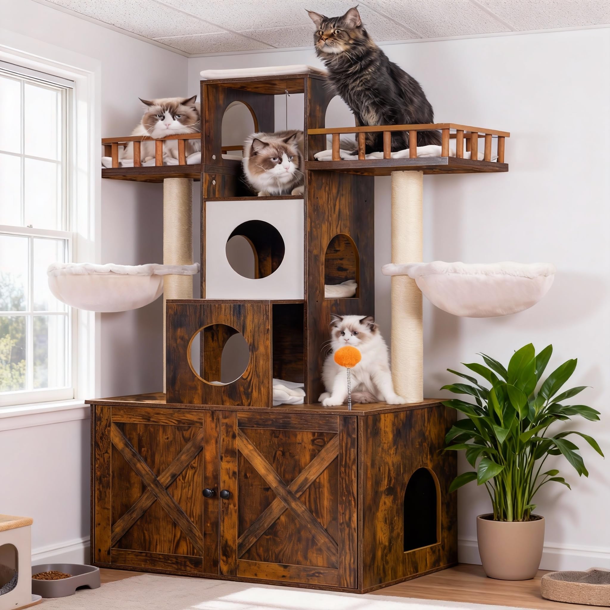 Photo 1 of Heybly Cat Tree with Litter Box Enclosure for Indoor Big Cat, Cat Tower for Large Cats 20lbs Heavy Duty, Modern Cat Condo Furniture with Scratching Posts, Rustic Brown HCT110SR