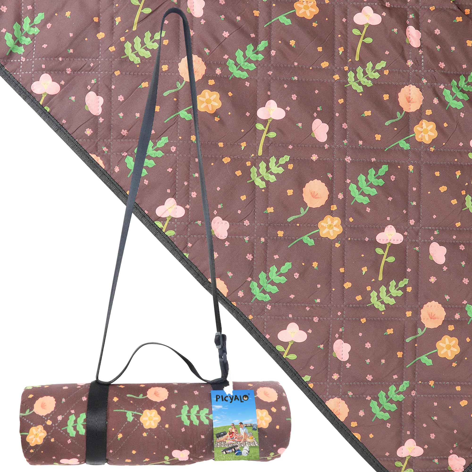 Photo 1 of PICYALO Outdoor Cute Picnic Blanket Brown Floral 60"x80" Sandproof Beach Blanket Waterproof Picnic Blankets Foldable for Caming, Beach, Outdoor Activities.