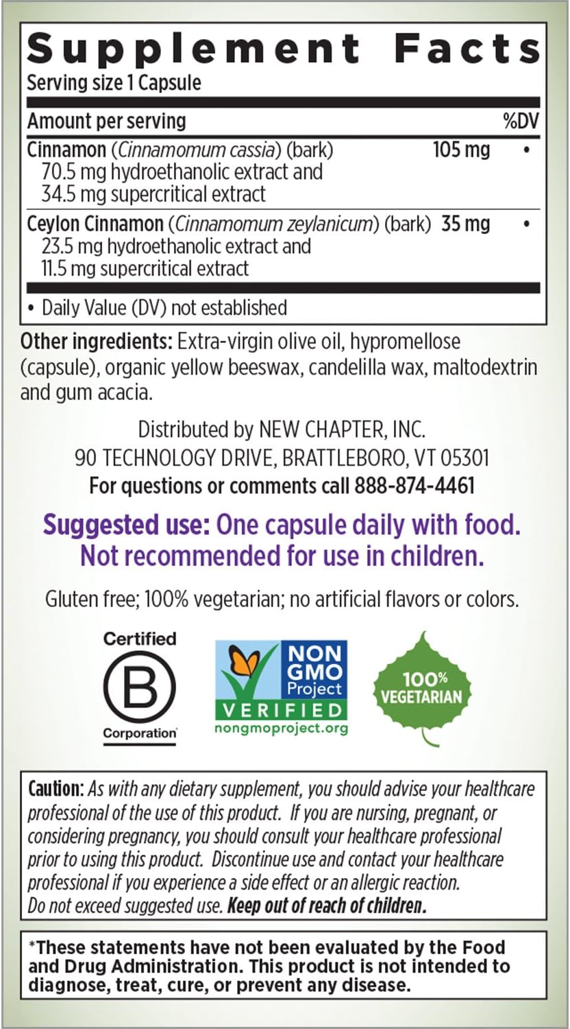 New Chapter Cinnamon Supplement - Cinnamon Force for Blood Sugar Support + Antioxidant Action + Non-GMO Ingredients - 60 ct Vegetarian Capsules: Health & Personal Care