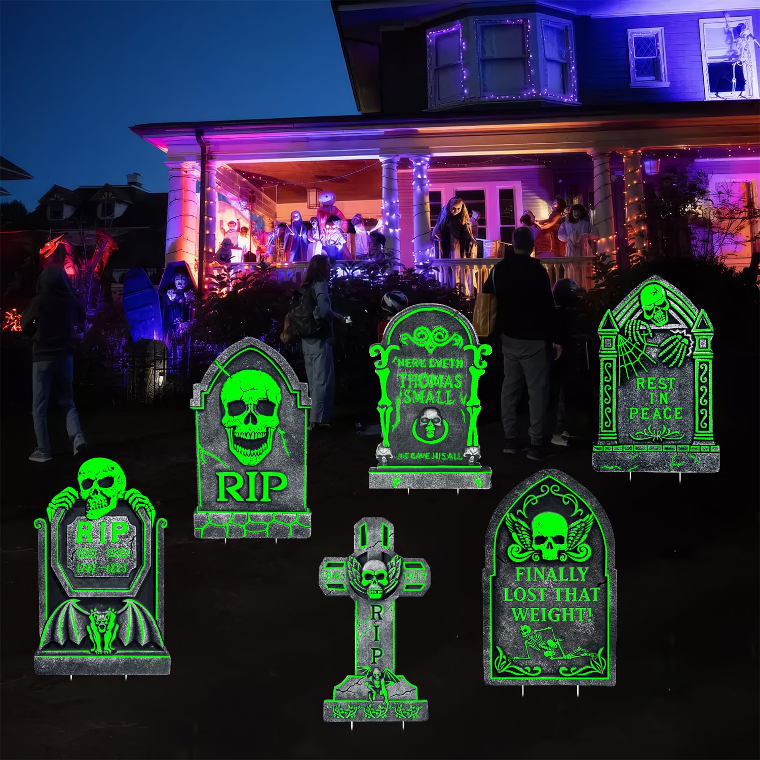 Photo 1 of 17”×10” Large Halloween Yard Decorations, 6 Pack Waterproof Glow in The Dark Tombstones, Outdoor Light Up Gravestones for Yard, Party, Home and School, Spooky Cemetery Halloween Decor