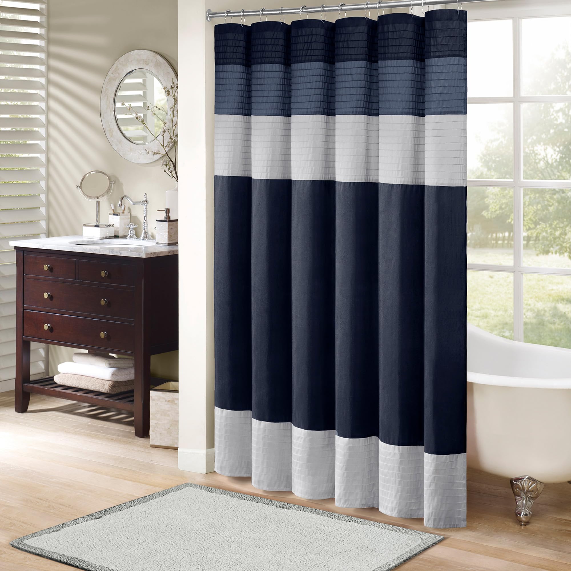 Madison Park Amherst Bathroom Shower Curtain Faux Silk Pieced Striped Modern Microfiber Bath Curtains, 72x84 Inches, Navy Image