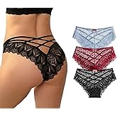 AUTUCAU Sexy Cheeky Underwear for Women Lace Floral Bikini Criss Cross Seamless Panties Ladies Cute Hipster Briefs 3-Pack