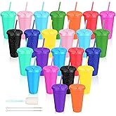 LEIFEOSH 24 Pack Plastic Tumblers with Lids and Straw, Reusable Cups with Lids and Straws Colorful Cups for Cold Drink Iced Coffee, Plastic Tumbler Bulk for Party Birthday Gifts (24 oz, Solid Colors)