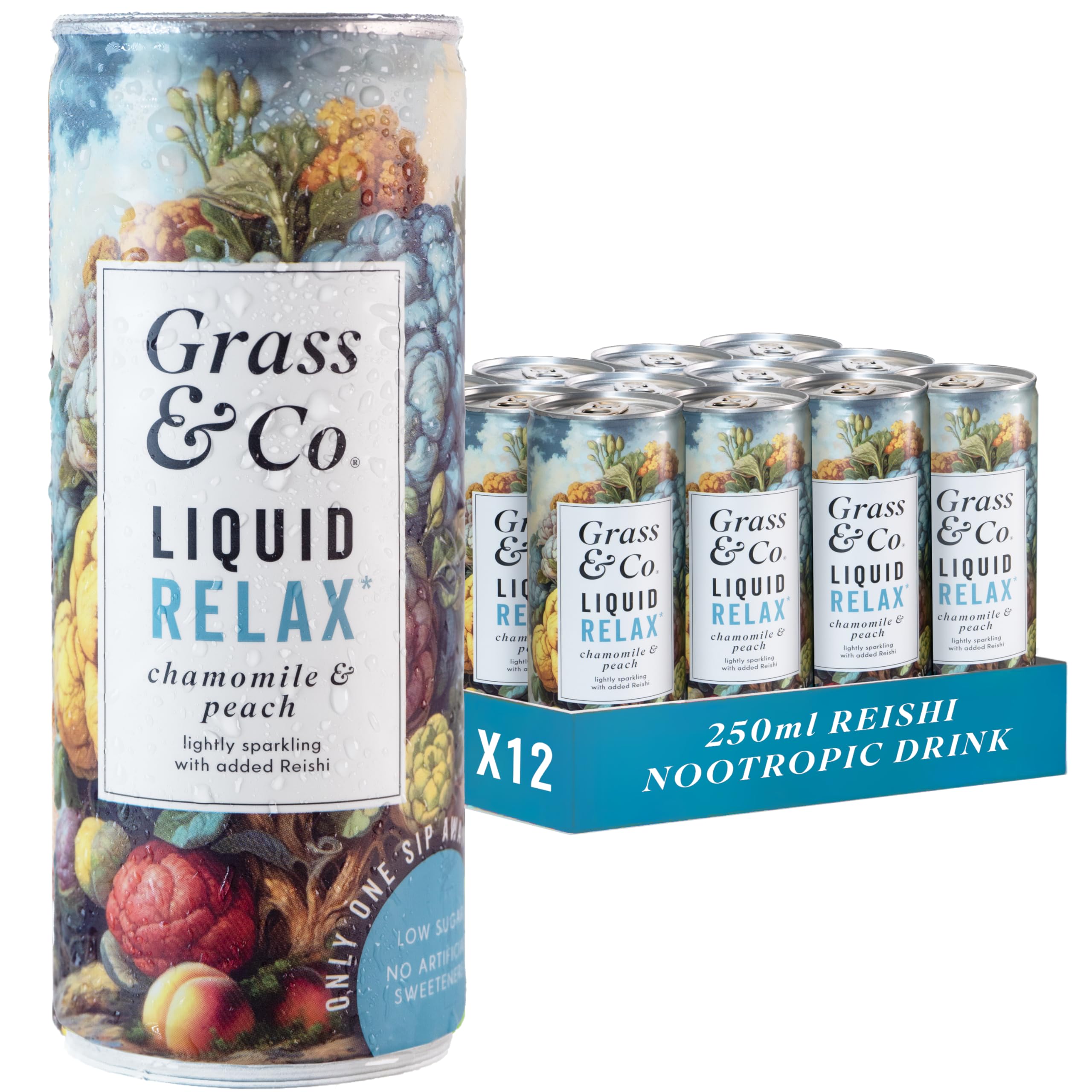 Grass & Co. Nootropics Drinks with Magnesium, Ashwagandha, Vitamin B12, Vitamin B6, Reishi Mushroom & More | Liquid Relax | Chamomile & Peach | Lightly Sparkling | Vegan | 12 x 250ml Cans