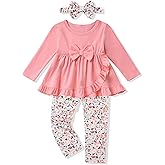 oklady Toddler Girl Clothes Unique Bow and Ruffled Design Tops Floral Pants with Headband,Toddler Girl Outfits Size 18M-5T