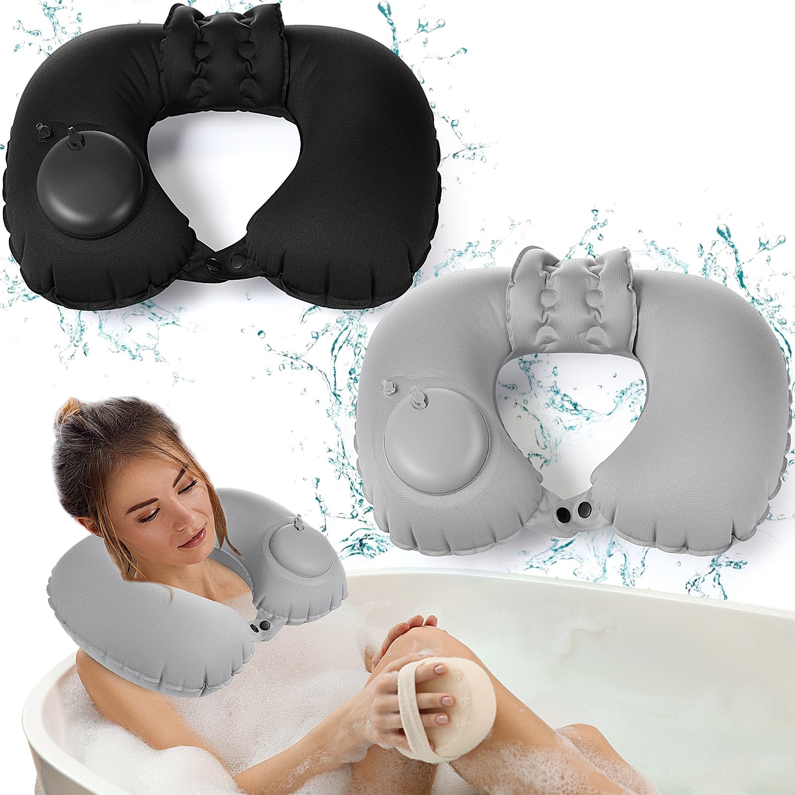 Photo 1 of Colingmill 2 Pcs Inflatable Bath Pillows for Tub Bath Head and Neck U Shaped Blow up Full Body Travel Pillow with Adjustable Button Grey and Black Bath Tub Pillows for Airplanes Shower Spa