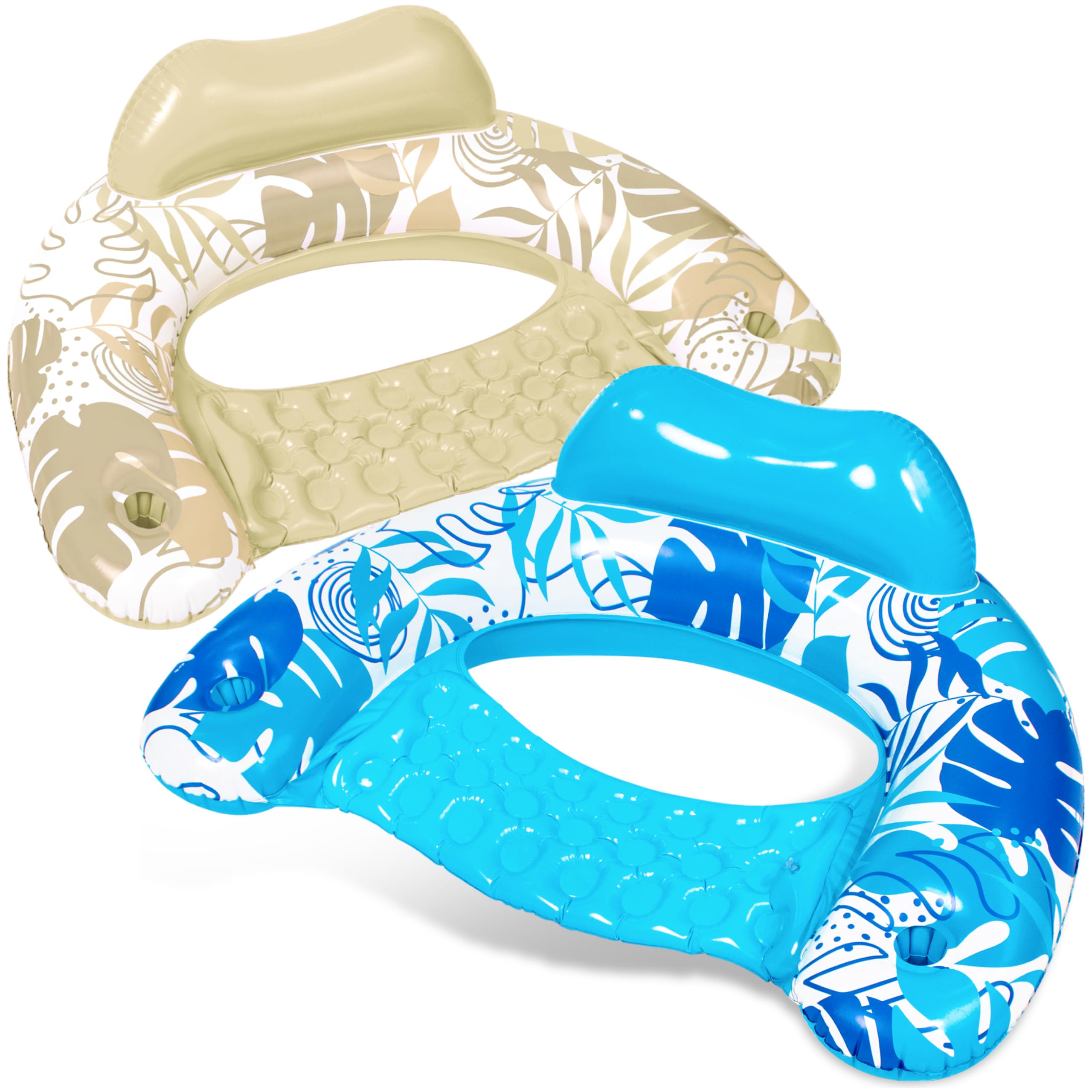 SLOOSH Inflatable Pool Floats Adult,2 Pack Pool Chairs with Cup Holders,Blow up Floats Chair,Hammock Noodle Mat Leaves Design for Relaxing Summer Water Fun Swimming Party Beach,Blue,Champagne