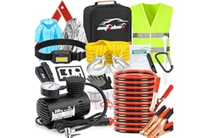 AUTODECO Car Roadside Emergency Kit, Car Safety Kit Portable Vehicle Kits for Emergency with Jumper Cables, Tow Straps, Safety Hammer, Black