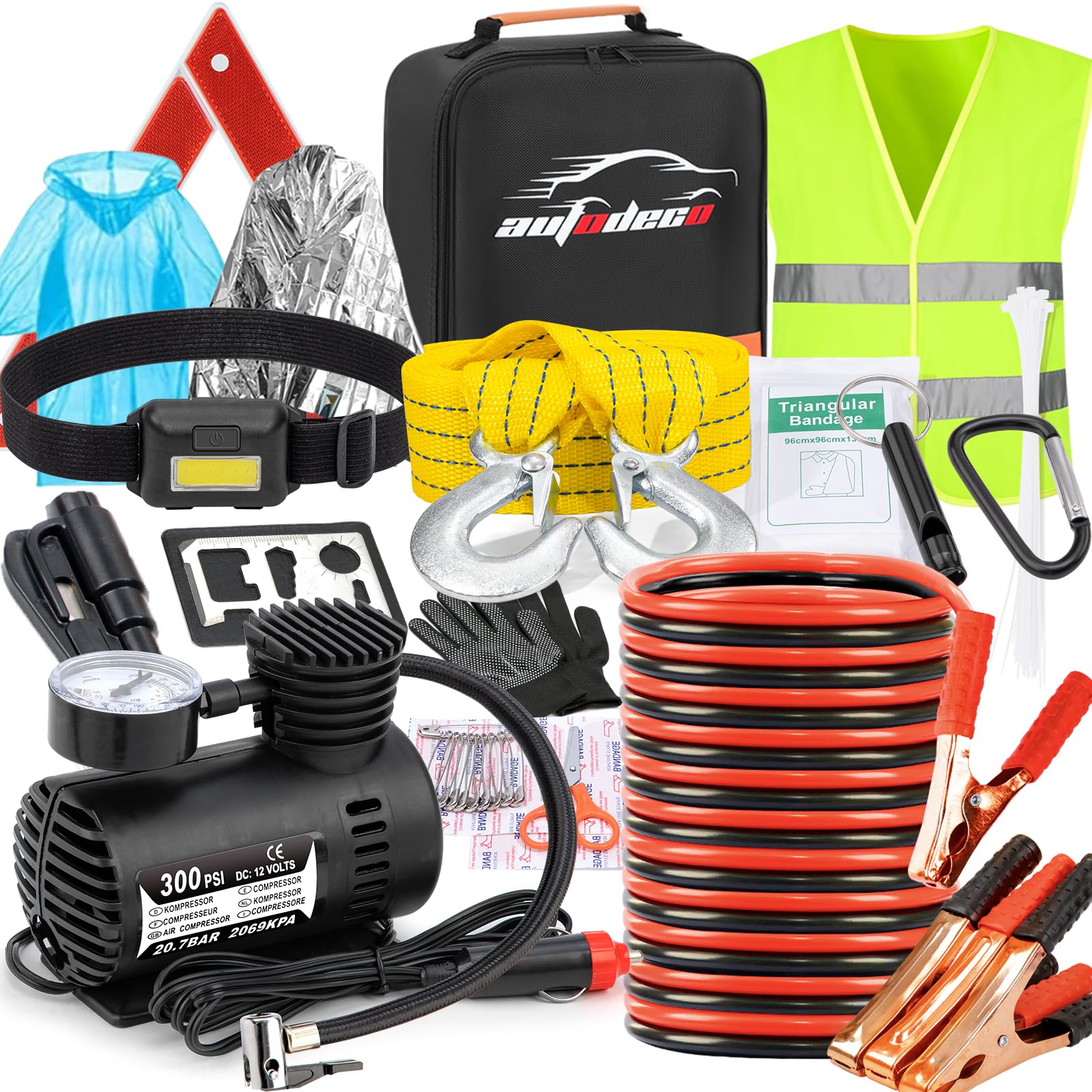 Photo 1 of AUTODECO Car Roadside Emergency Kit, Car Safety Kit Portable Vehicle Kits for Emergency with Jumper Cables, Tow Straps, Safety Hammer, Black