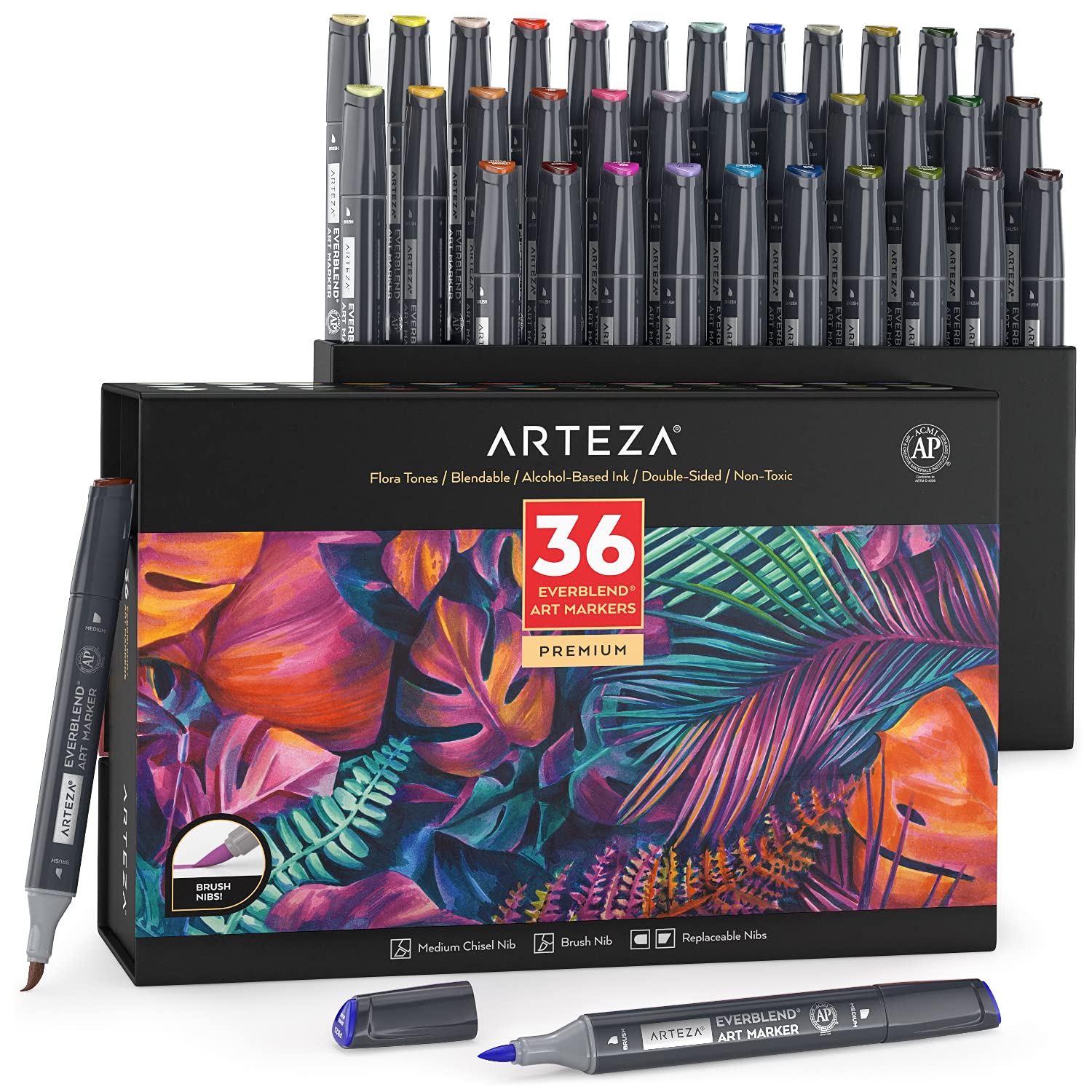 ARTEZA EverBlend Alcohol Markers, Set of 36 Colors, Flora Tones, Medium Chisel & Brush Tip, Art Supplies for Drawing & Sketching