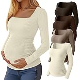 Huukeay 4 Pack Women's Maternity Shirts Cotton Ribbed Long Sleeve Square Neck Pregnancy Tunic Tops Side Ruched Basic Tee