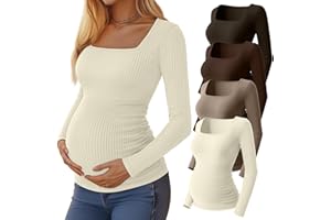 Huukeay 4 Pack Women's Maternity Shirts Cotton Ribbed Long Sleeve Square Neck Pregnancy Tunic Tops Side Ruched Basic Tee
