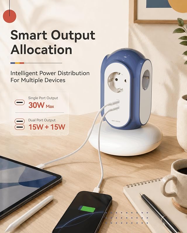 Ciabatta elettrica con 3 prese e 2 USB-C (ricarica rapida da 30 W), 3680 W/16 A, protezione da sovratensione, supporto da 479 g, cavo di prolunga da 2 m, protezione da sovraccarico