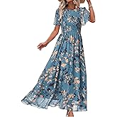 Simplee Womens Summer Floral Summer Maxi Dresses Boho Flowy Flutter Short Sleeve Crew Neck Vacation Smocked Chiffon Dress