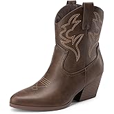 DREAM PAIRS Women's Cowboy Cowgirl Boots Embroidered Stitched Short Western Boots Low Chunky Heel Pointed Toe Ankle Booties