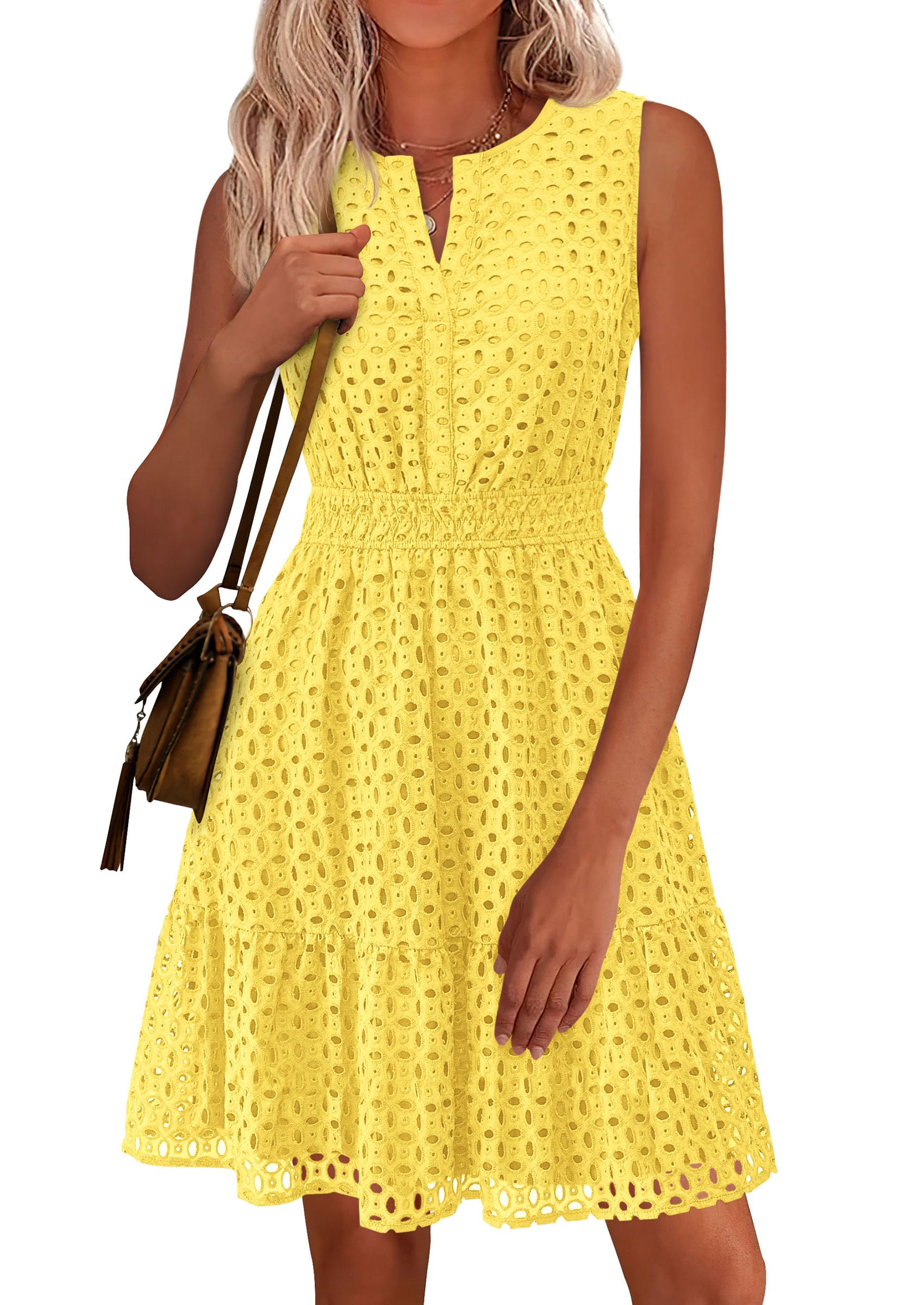 Photo 1 of *****MINOR DAMAGE***  PRETTYGARDEN Women's Summer Dresses 2025 Sleeveless V Neck Eyelet Hollow Out Swing A Line Beach Vacation Sun Dress (Yellow,X-Large)