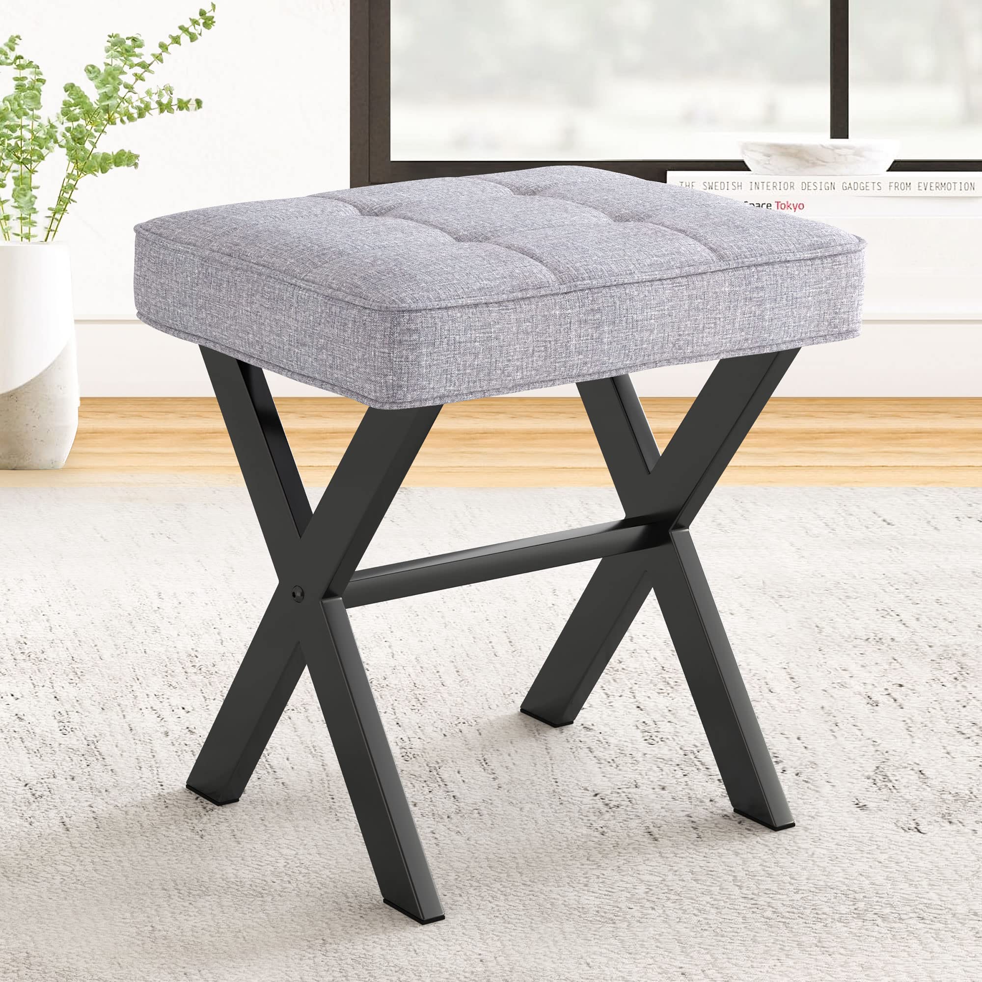 Photo 1 of LUE BONA Vanity Stool - Square Linen Makeup Seat With Metal X Legs, Small Ottoman Chair for Makeup Room, Living Room, Bathroom - Modern Padded Foot Rest, Dark Gray