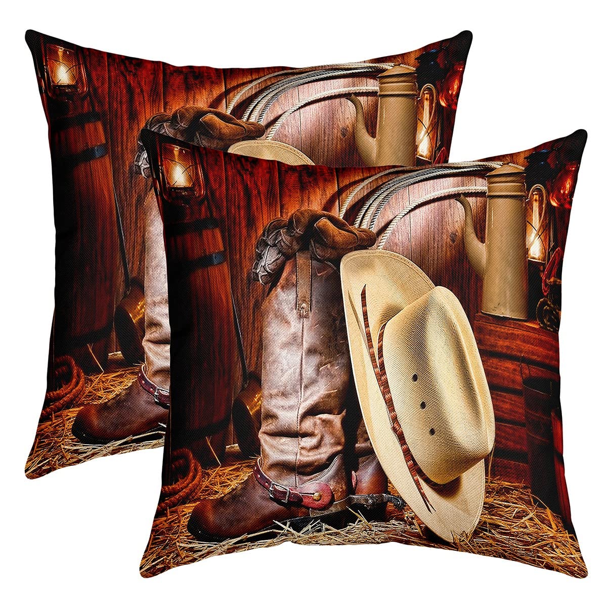 Loussiesd Pack of 2 Western Decor Decorative Throw Pillow Covers Soft Wild West Cowboy Square Cushion Case Set for Sofa Bedroom Living Room Rodeo Cowboy Style Pillow Cases Pillowcases 16x16 Inch