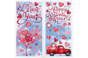 Vellibring 6 Valentine's Day Window Clings Valentine Window Decors Pink Hearts-Shape Tree Truck Happy Valentine’s Day Glass Stickers Decal Double Sided for Home Kitchen Decorations Party Supplies