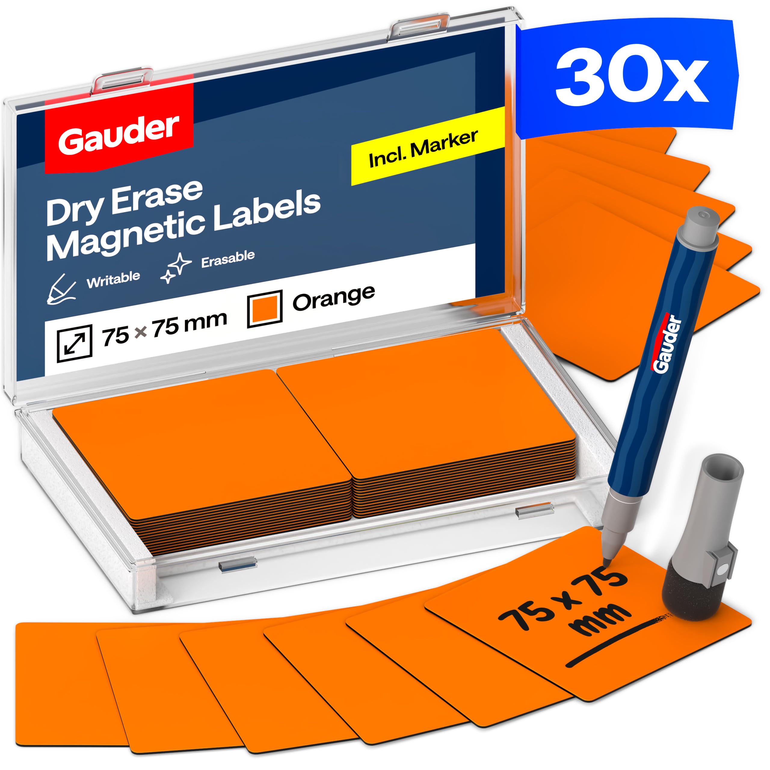 GAUDER Magnetic Labels Writable - Reusable Magnetic Tags for Whiteboard, Blackboard, Kanban Board and Fridge - Magnet Cards with Marker (30 Pieces - 75 x 75 mm)
