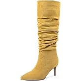 AUMOTED Womens Slouchy Knee High Boots Mid Calf Boots Kitten Heel Pointed Toe 2.5 Inch Heeled Boots