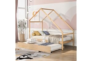 MERITLINE House Bed with Trundle, Wooden Twin Size Daybed Frame with Roof for Girls, Boys,Teen, Can be Decorated, No Box Spring Required (Twin,Natural)