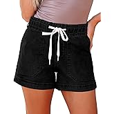luvamia Jean Shorts for Women High Waisted Pull On Drawstring Elastic Waist Trendy Stretchy Denim Jorts Summer Shorts