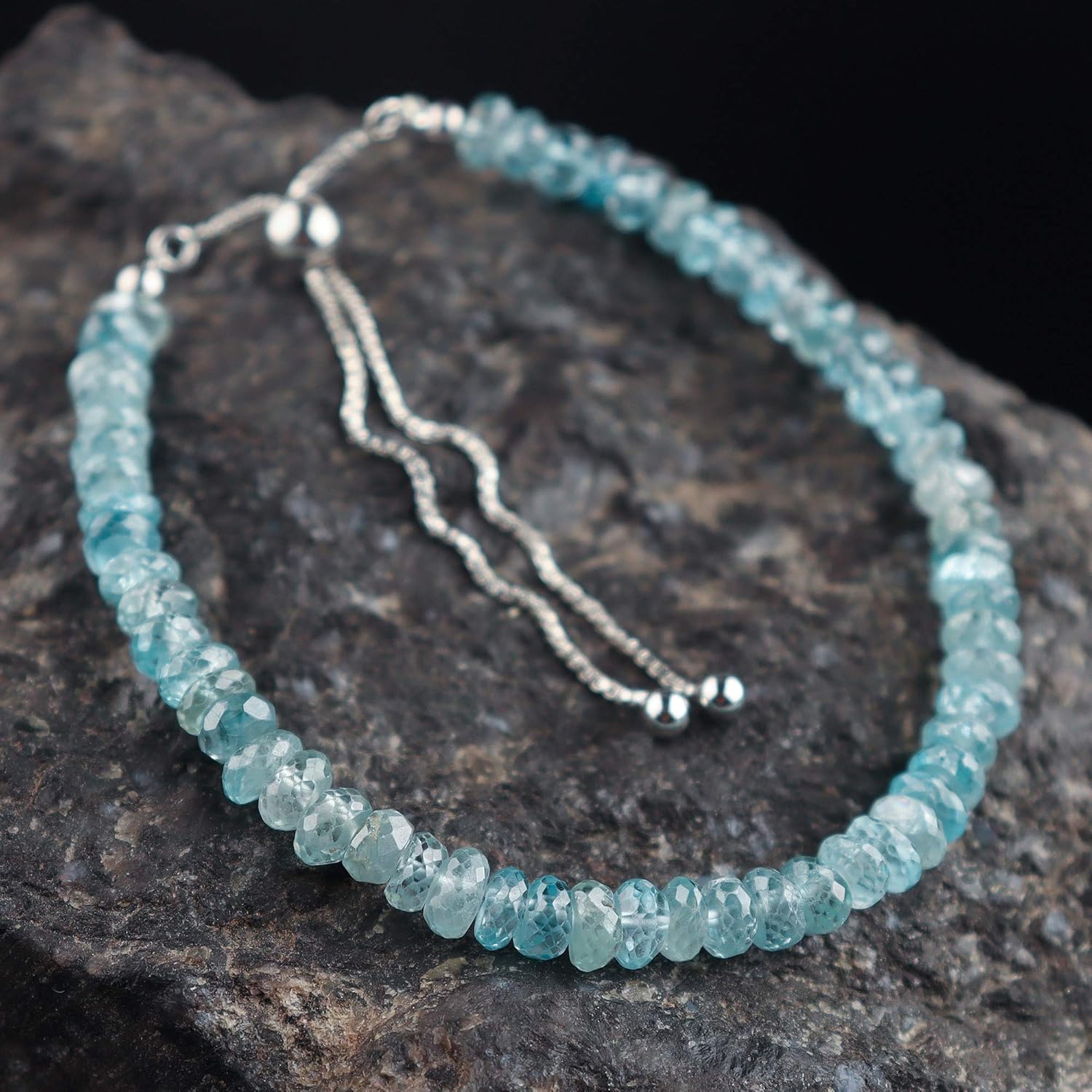 Natural Blue Zircon Gemstone Crystals Beads Dainty Bracelet