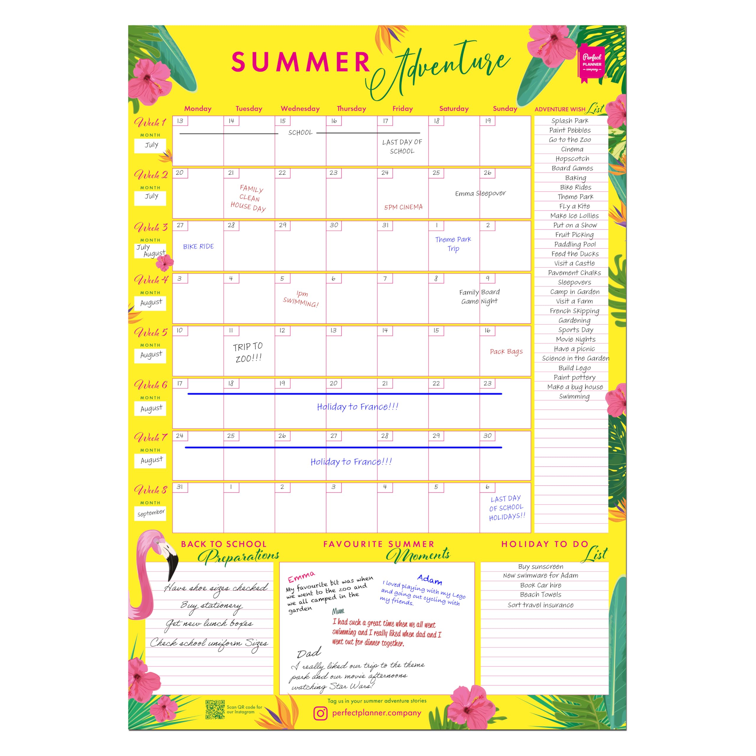 Perfect Planner Company - Summer Holiday Adventure Wall Planner - 42x60cm Undated, 8 Week Layout - Adventure Wish List - To Do List