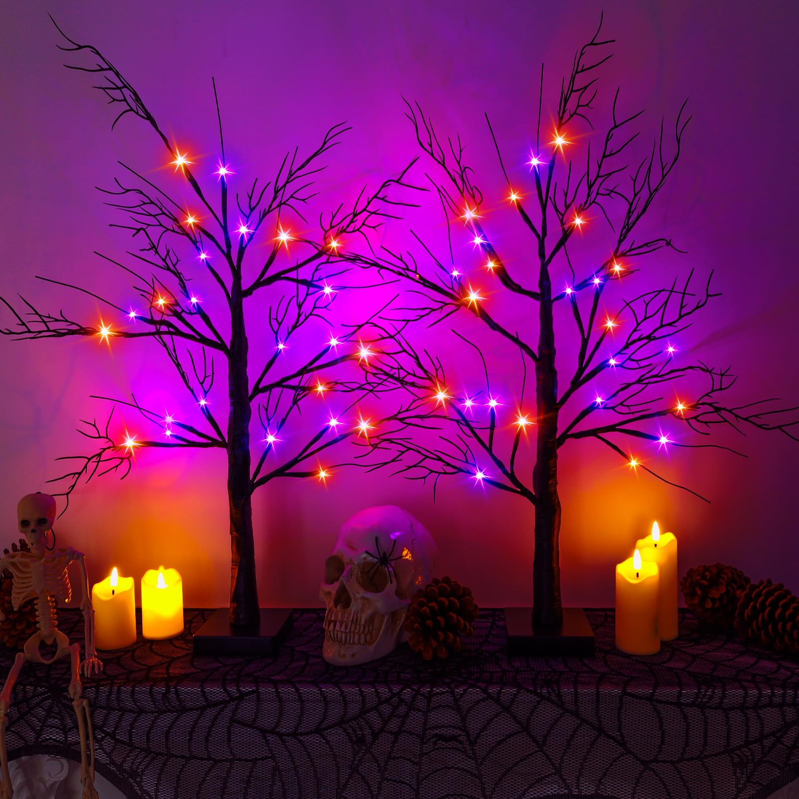 Photo 1 of 2Pack 24 Inch Halloween Spooky Tree with Lights, Lighted Tabletop Black Tree with Timer, Indoor Halloween Decorations for Home