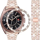 DEALELE Bands Compatible with Samsung Galaxy Watch 3 (41mm), 20mm Luxury Diamond Stainless Steel Metal Bracelet with Rhinestone Bezel Ring Case Cover Replacement for Women Men