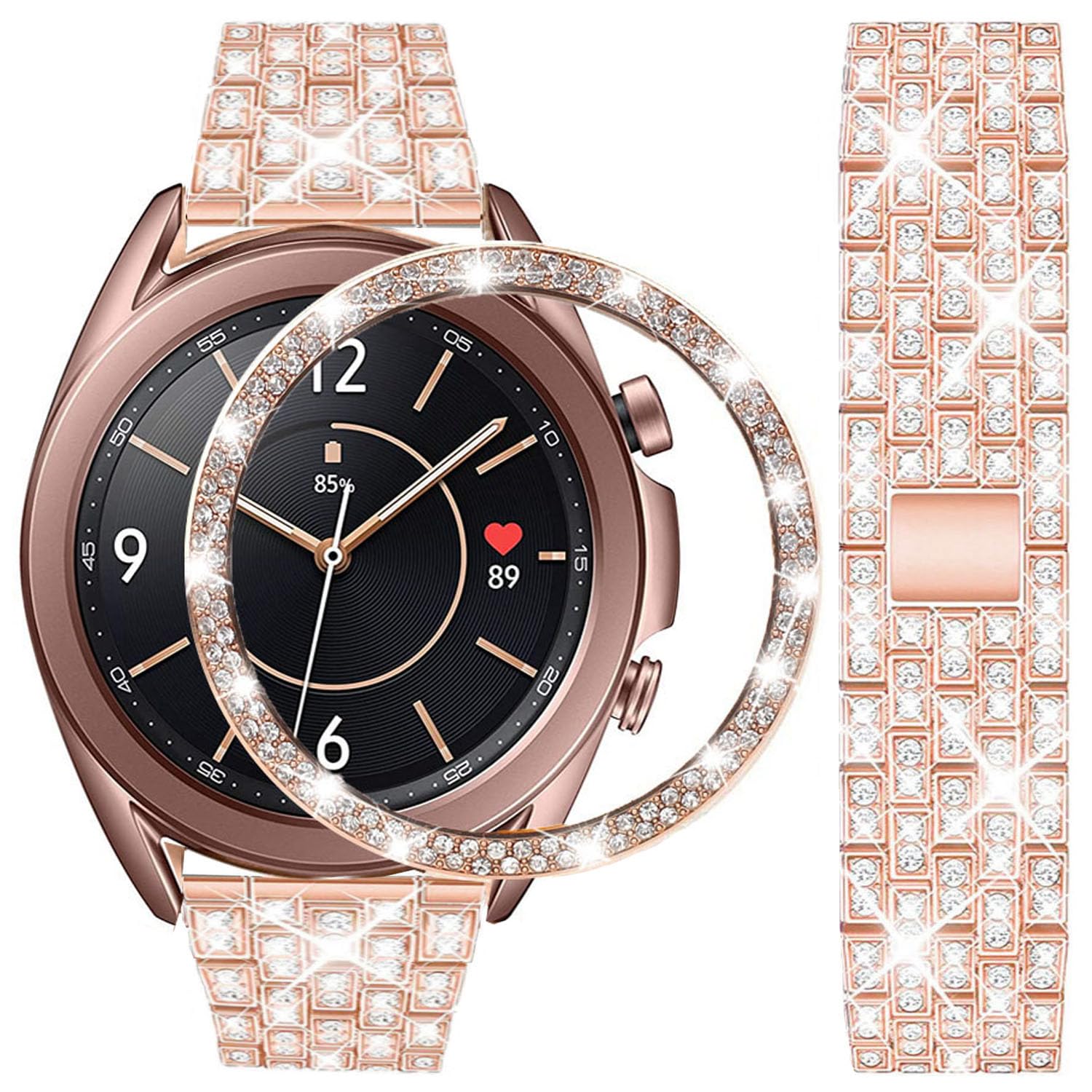 DEALELE Strap Compatible with Samsung Galaxy Watch 3 (41mm), 20mm Bling Rhinestone Dimaond Metal Steel Bracelet with Watch Face Bezel Ring Case Cover Replacement for Women Men, Rose gold
