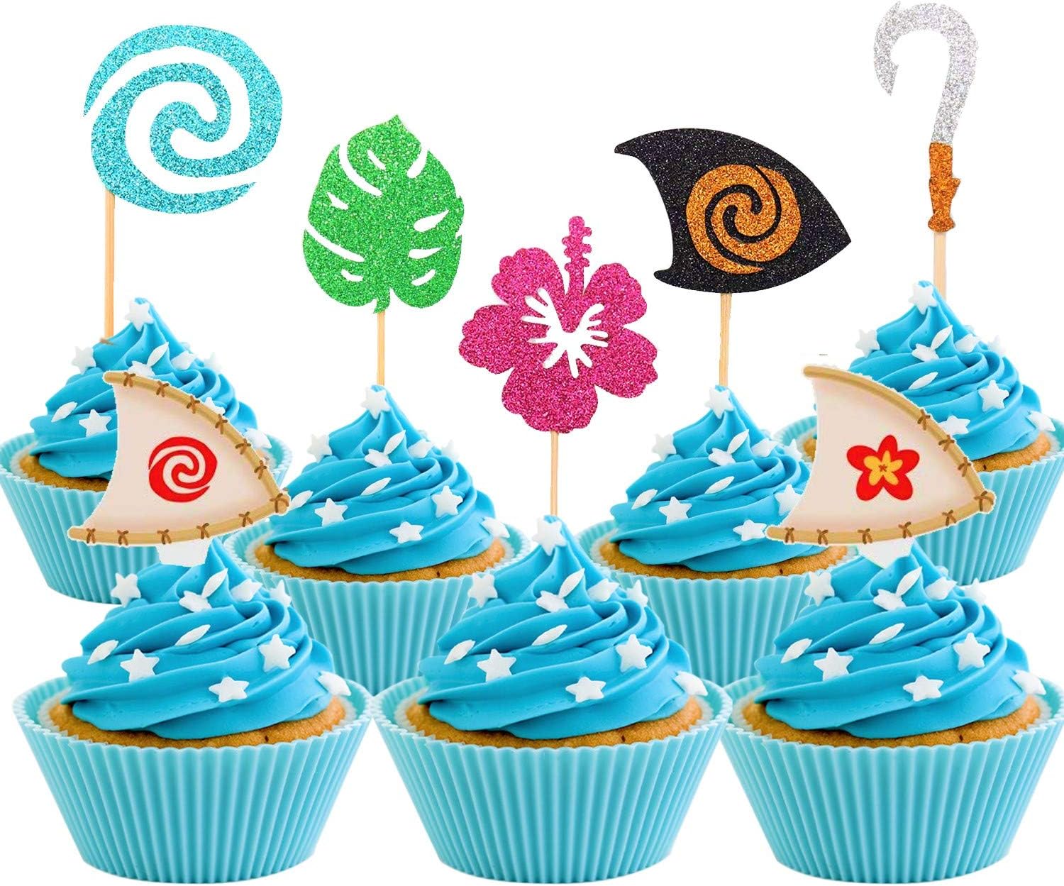 JeVenis Glittery Moana Inspired Cupcake Toppers Moana Cake Toppers Hawaiian Birthday Party Decoration for Tropical Luau Summer Party Baby Shower Wedding