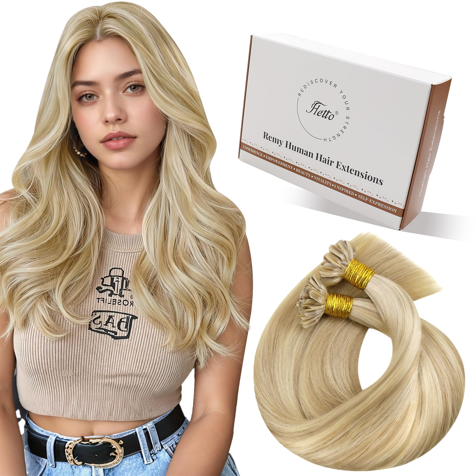 Hetto U Tip Hair Extensions Real Human Hair Blonde 16 Inch U Tip Pre Bonded Keratin Remy Hair Natural Seamless Hot Fusion Long Lasting Salon Quality 50strands 50g #17/23 — image 1