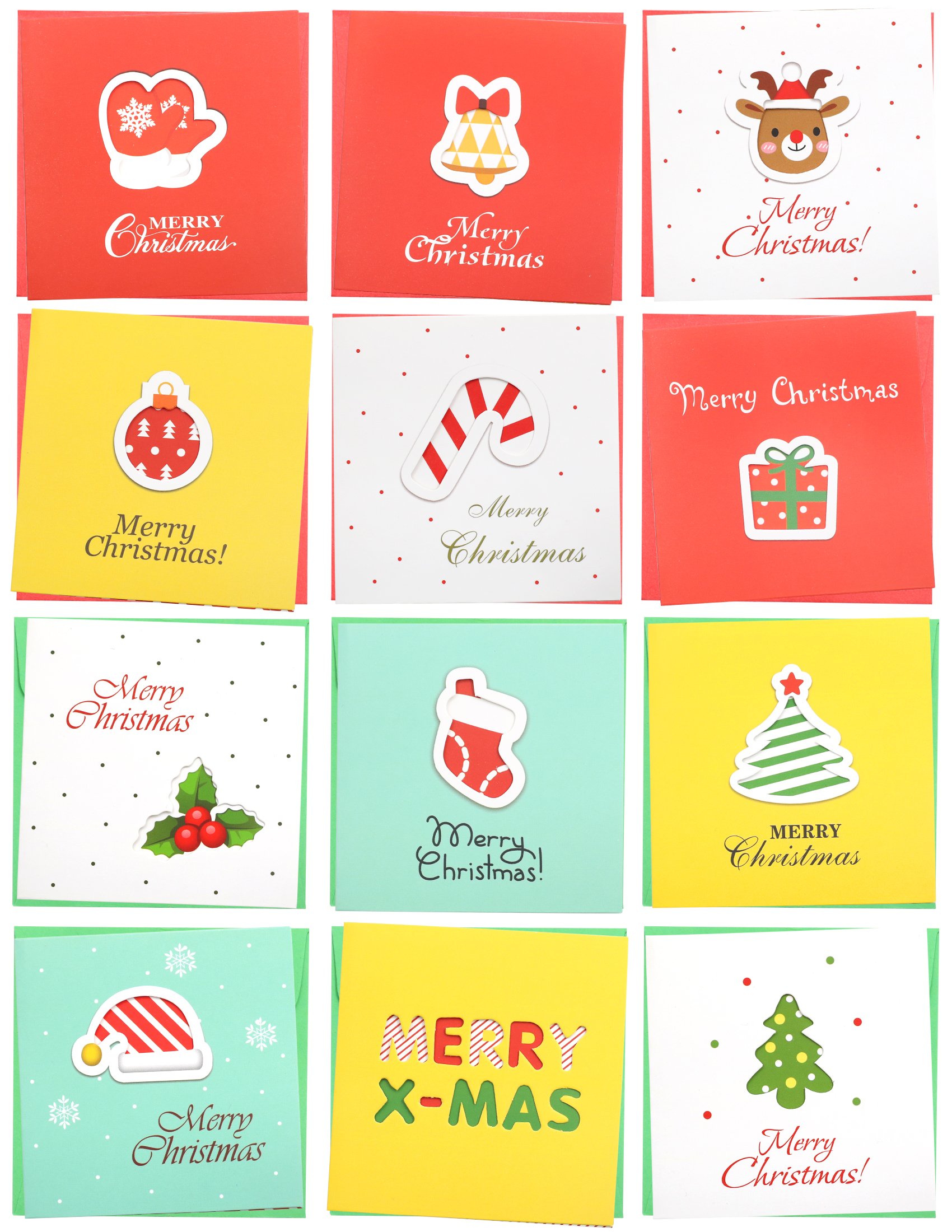 24 Pack Mini Christmas Greeting Cards & Envelopes, Cute Stweety Small Size 3.3"x 3.3" Merry Christmas Greeting Cards Festival Color Pattren 4 [Red/Yellow/White] (Pack of 24)