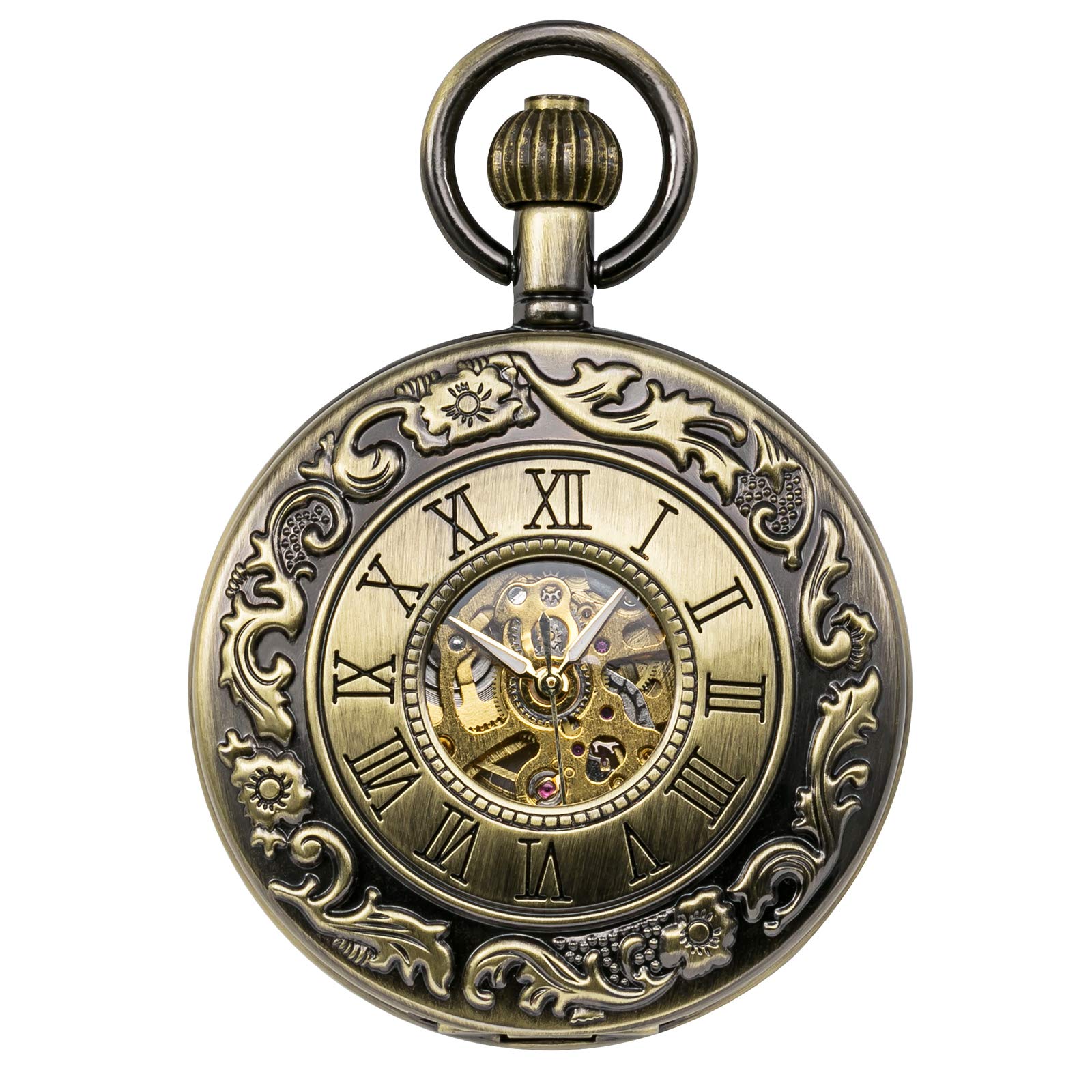 TREEWETO Classic Roman Numerals Mechanical Watches Pocket Watch with Chain,Bronze