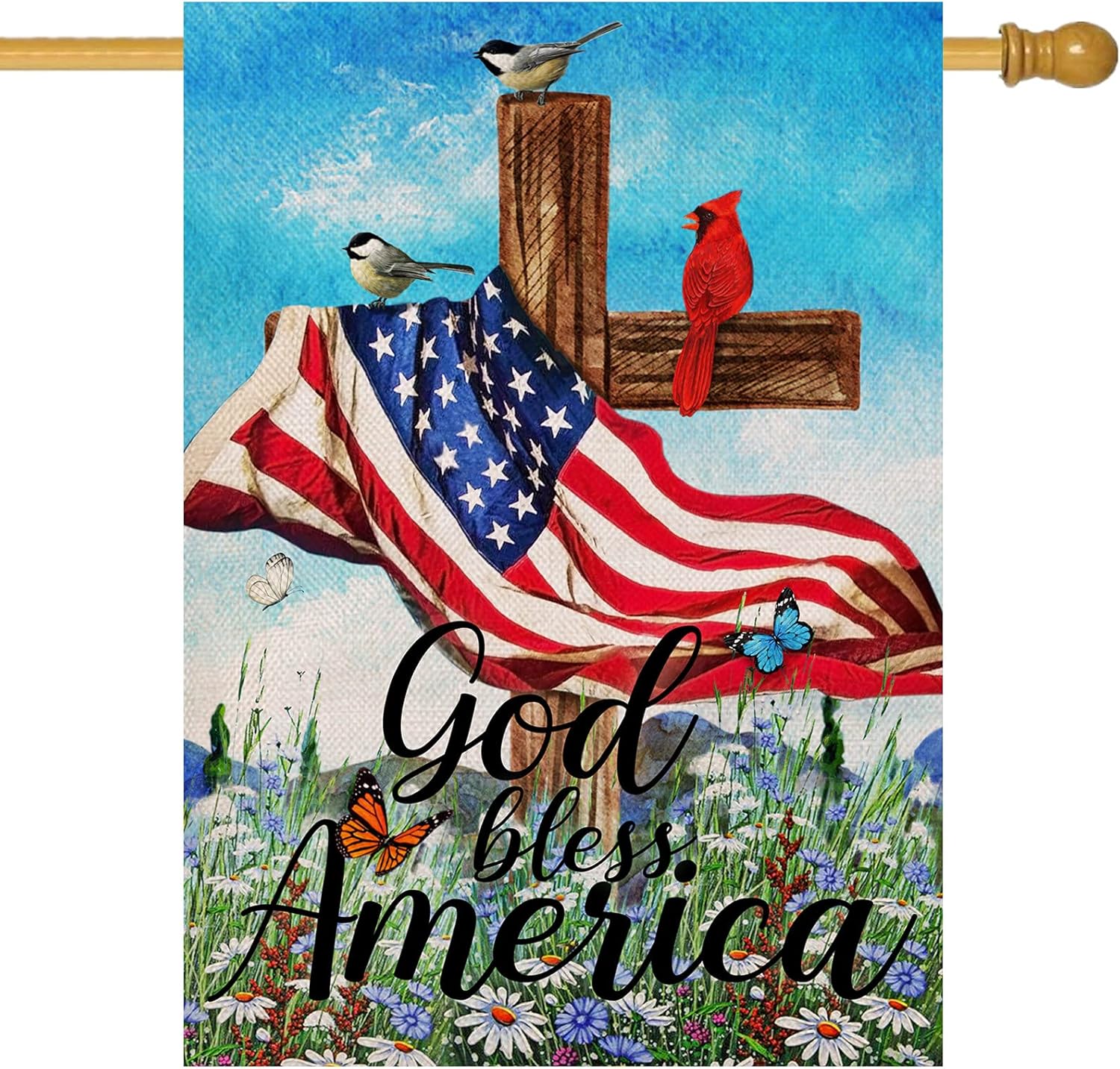 Covido God Bless America July 4th House Flag, Home Decorative Garden Yard Patriotic Decor Sign Bird Butterfly, Summer Fall USA Outside Decorations Autumn Seasonal Outdoor Large Flag Double Sided 28x40