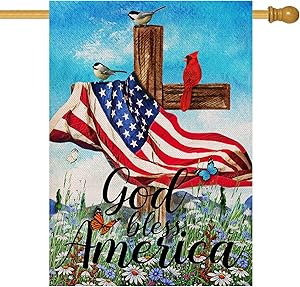 Covido God Bless America July 4th House Flag, Home Decorative Garden Yard Patriotic Decor Sign Bird Butterfly, Summer Fall USA Outside Decorations Autumn Seasonal Outdoor Large Flag Double Sided 28x40
