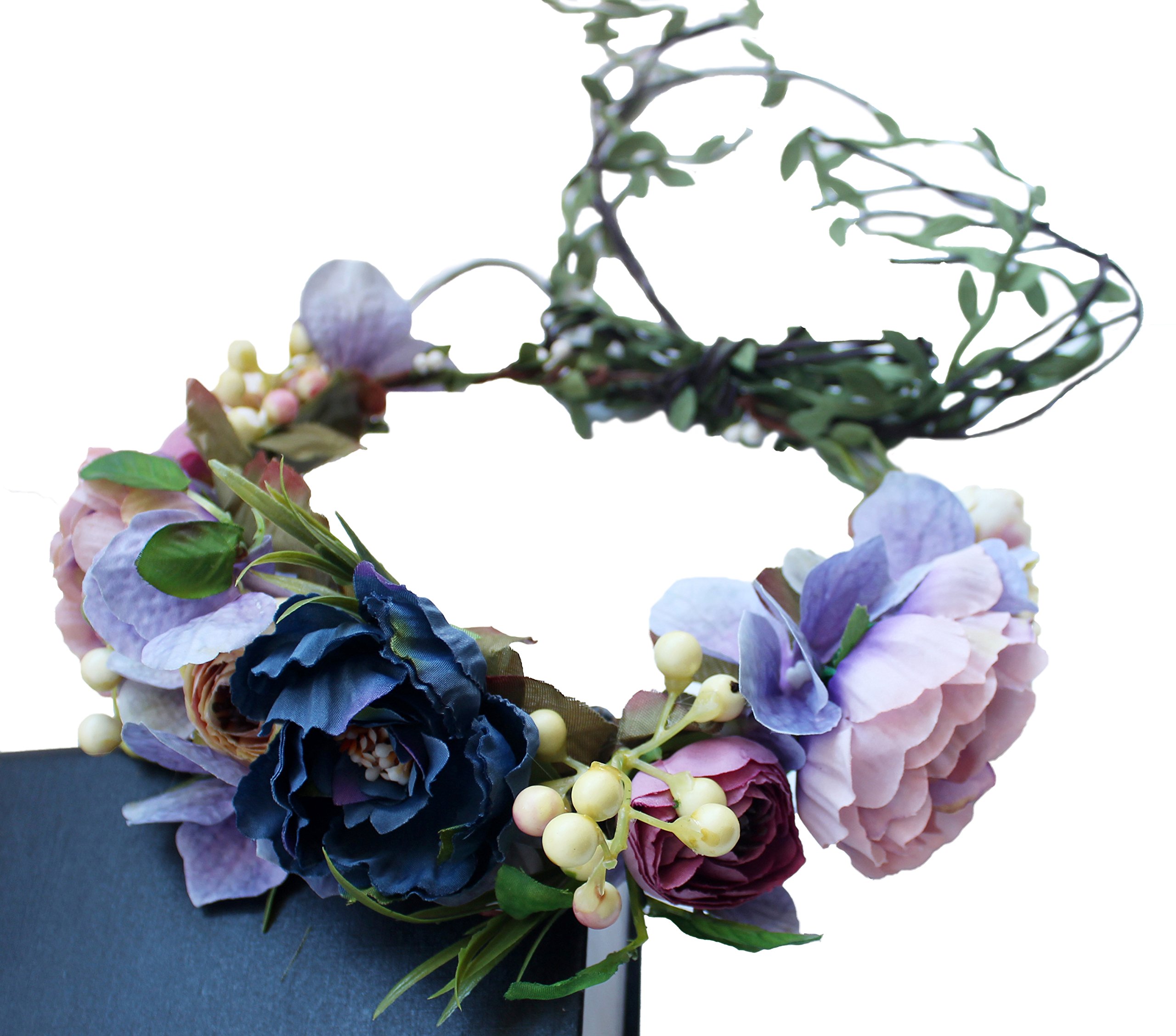 Brikuinr Floral Wreath Headband Bride Flower Crown Hair Wreath Hair Garland Flower Halo Floral Headpiece Boho with Ribbon Wedding Party Festival Purple — image 1