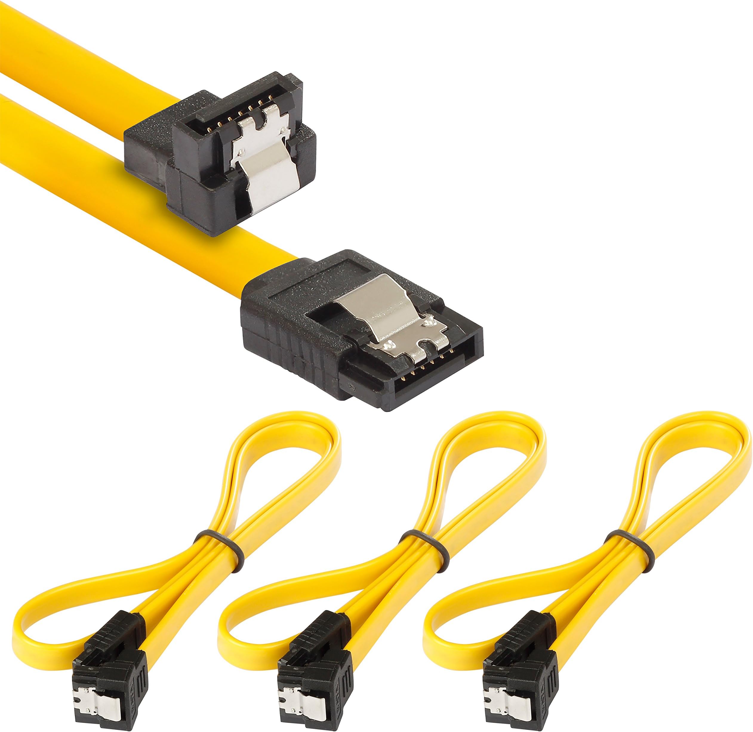 Poppstar 3x 0.5m Sata 3 HDD SSD cable with clip plug straight to 90 degree right-angle, up to 6 Gbps, yellow