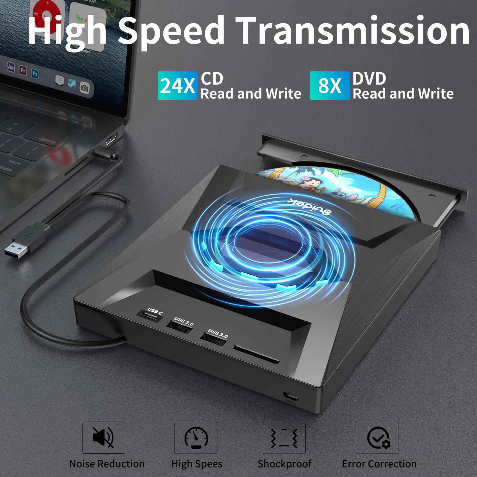SUIDEK External CD DVD Drive for Laptop, USB C Portable CD/DVD +/-RW Burner DVD Player with SD Card Reader USB 3.0 Type C Hub Compatible with Laptop PC Windows Linux