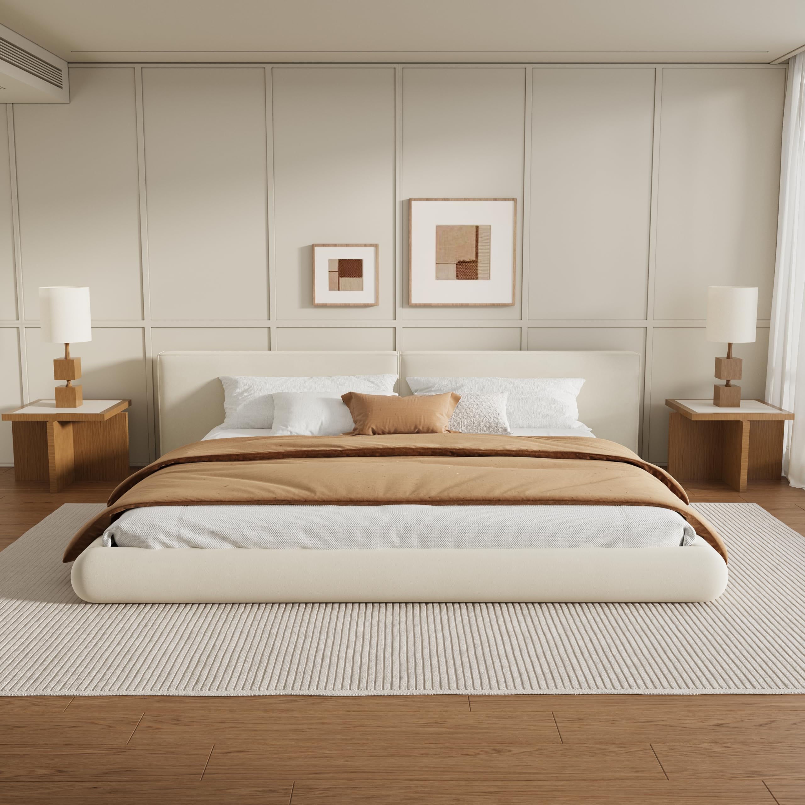 Photo 1 of Merax King Size Low Profile Floor-Hugging Platform Bed, Platform Bed Frame with 27.45'' Headboard, 800lb WeightCapacity, Upholstered Modern Bed in Fabric, Cream