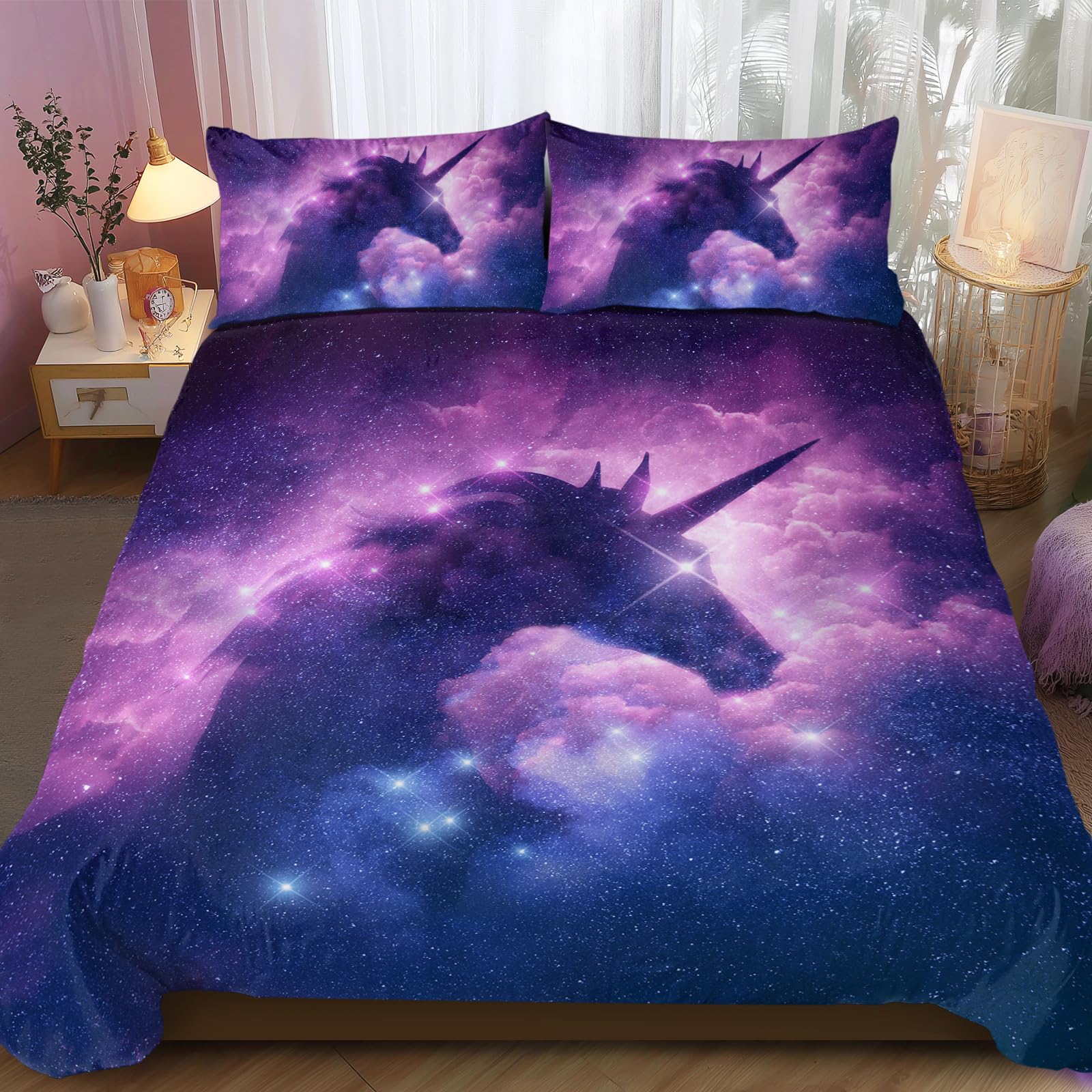 BlessLiving Galaxy Unicorn Bedding for Kids Girls: Psychedelic Space Duvet Cover 3 Piece Pink Purple Sparkly Unicorn Bedspread (Single) — image 1