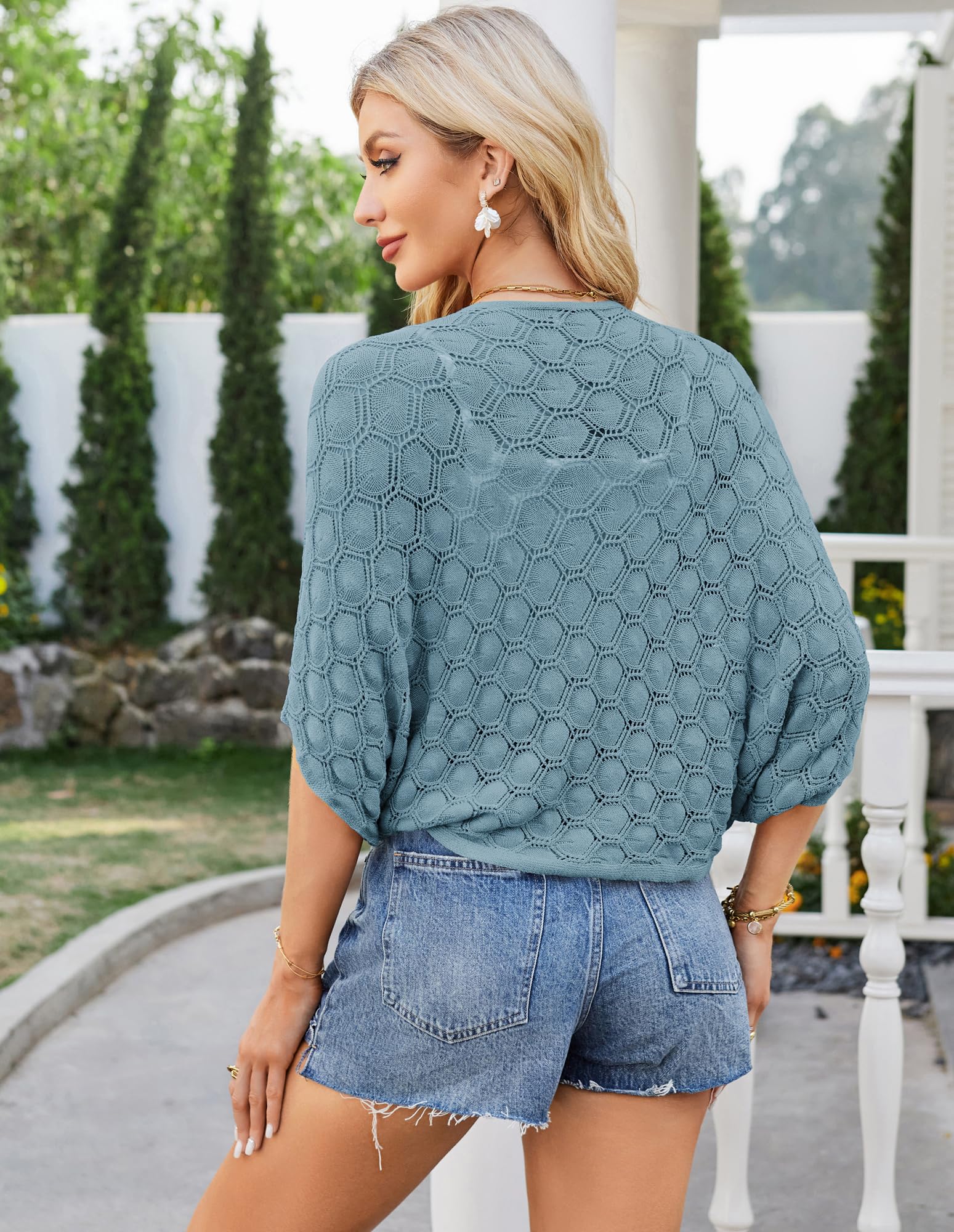 Lightweight Summer Batwing Cardigan for Women 2025 Open Front Shrug Light Blue S