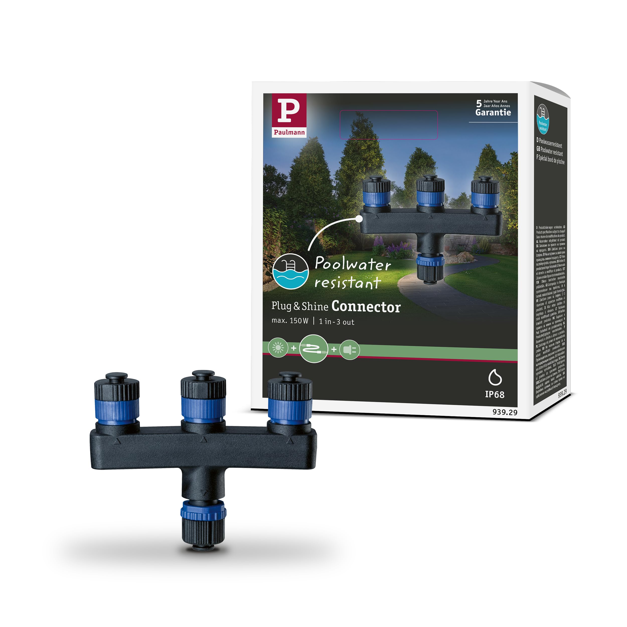 Paulmann 93929 Outdoor Plug & Shine Triple Distributor IP68 1 in-3 Out Black Plastic, 9.4 x 1.5 x 7.5 cm